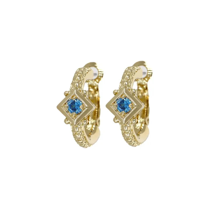 Gilded Collection Diamond Shape Bezel Hoop Earrings Sapphire