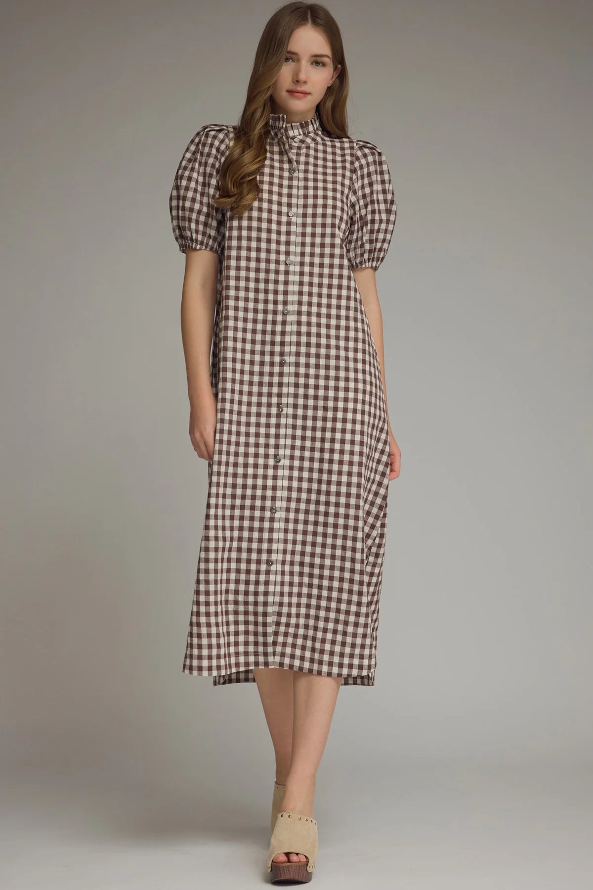 Brown & White Gingham Puff Sleeve Dress