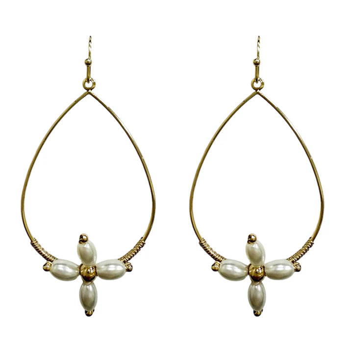 Gold Textured Open Teardrop with Pearl Cross Earring