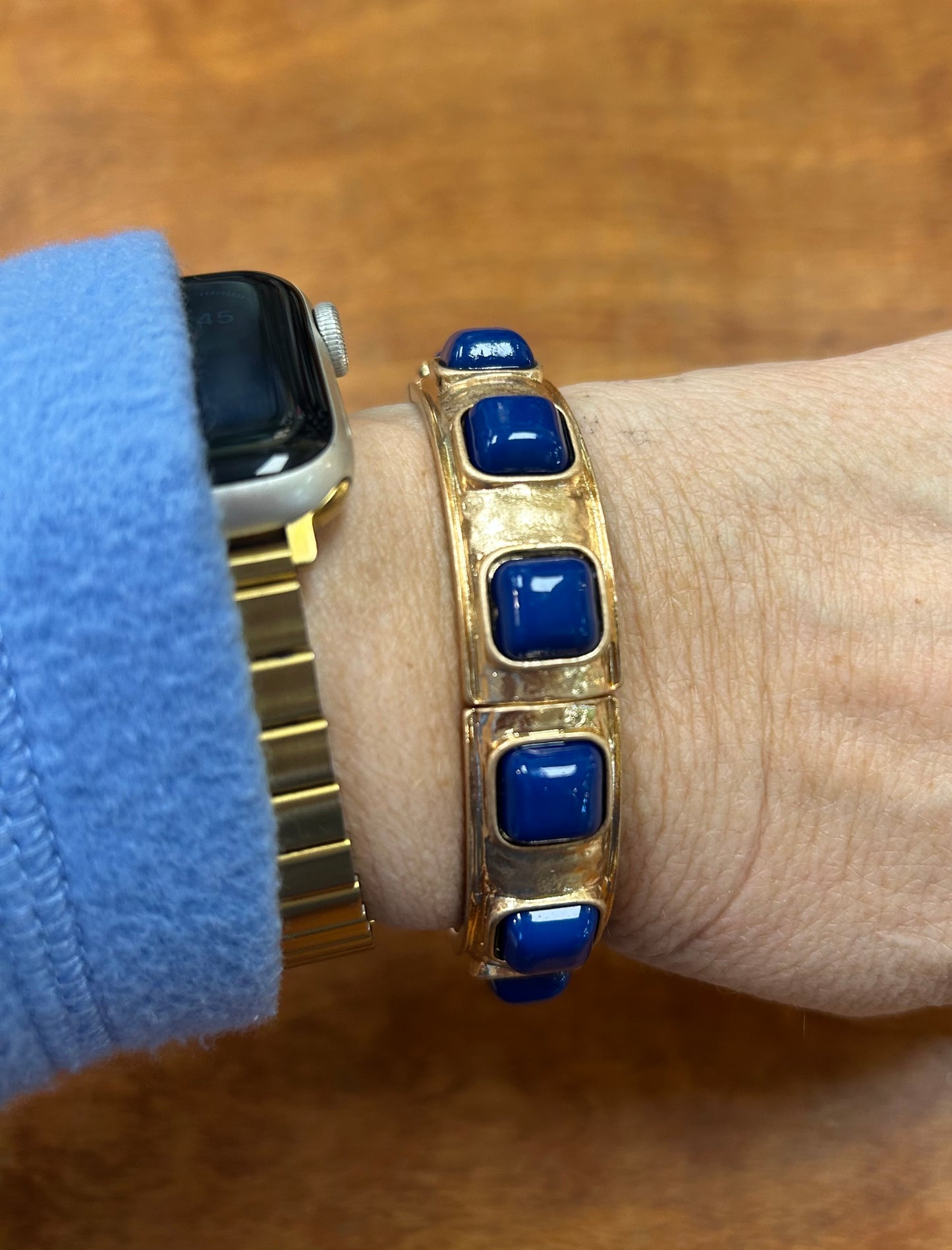 Gold Stretch Bracelet with Blue Stones