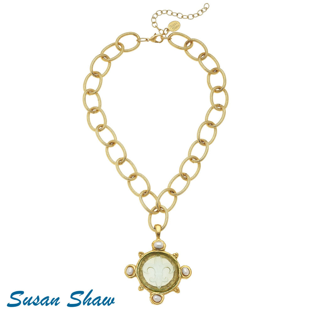 Susan Shaw Venetian Glass and Pearl Fleur-de-lis Intaglio Necklace 3398C