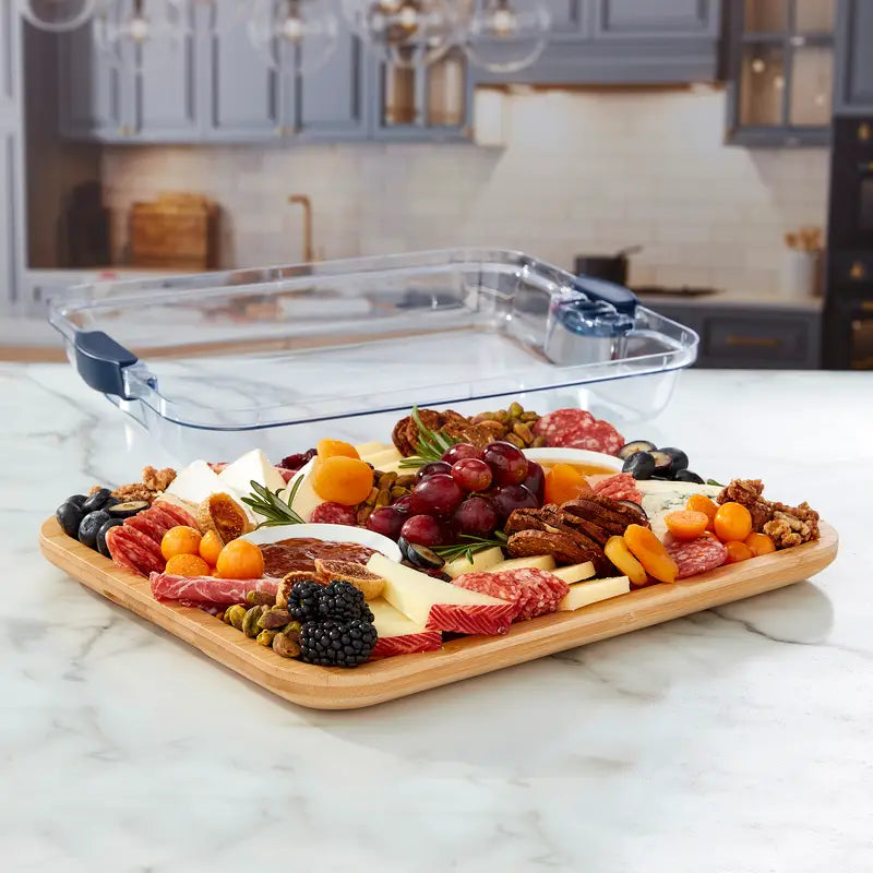 Build-a-Board 11x14 inch bamboo tray with navy handles