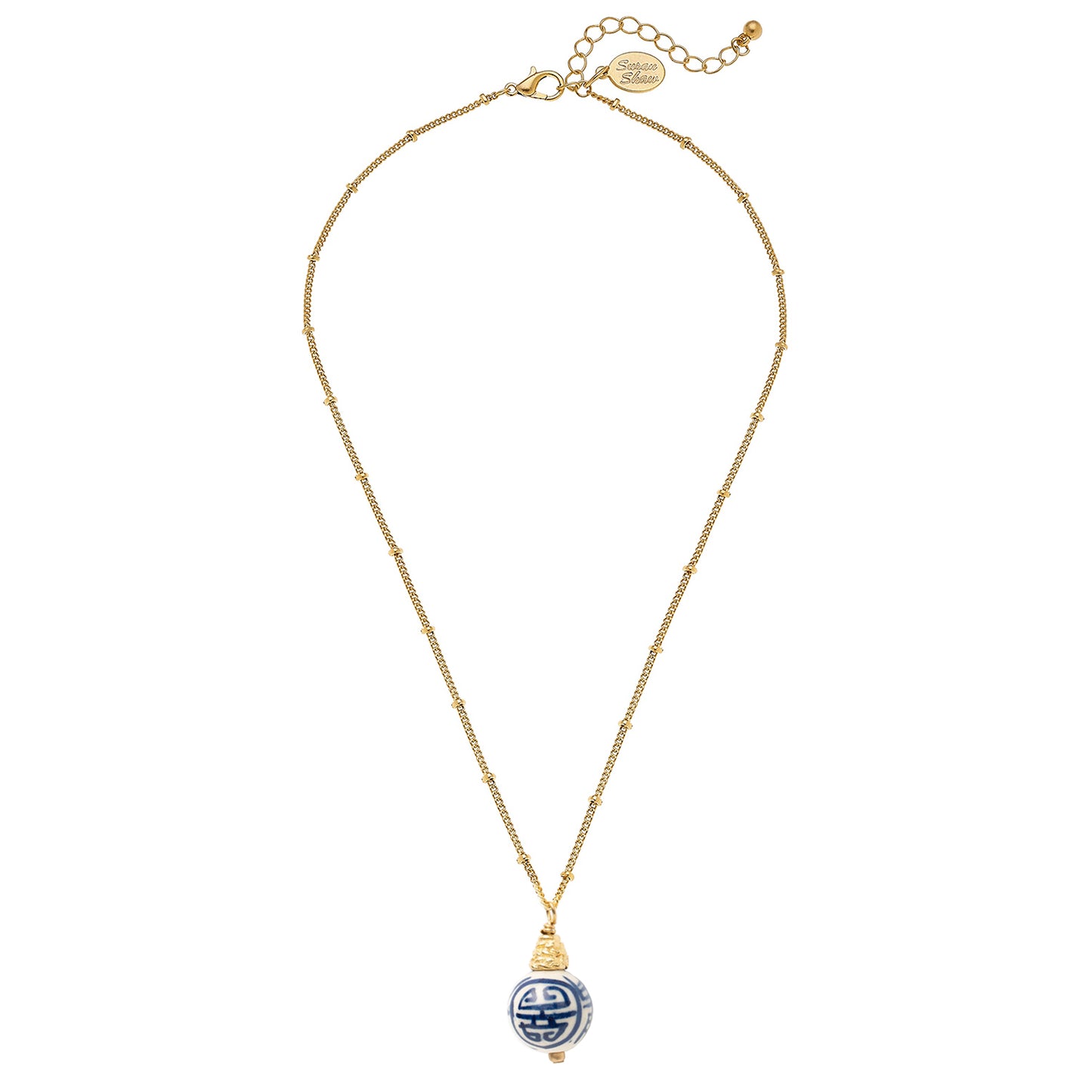 Blue & White Porcelain Bead on Gold Chain Necklace 3256G