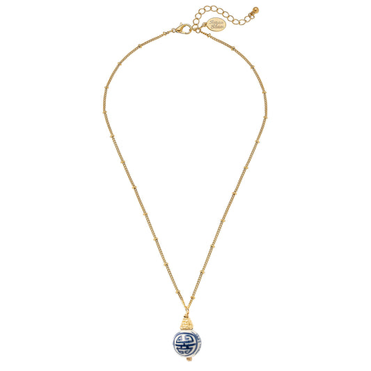 Blue & White Porcelain Bead on Gold Chain Necklace 3256G