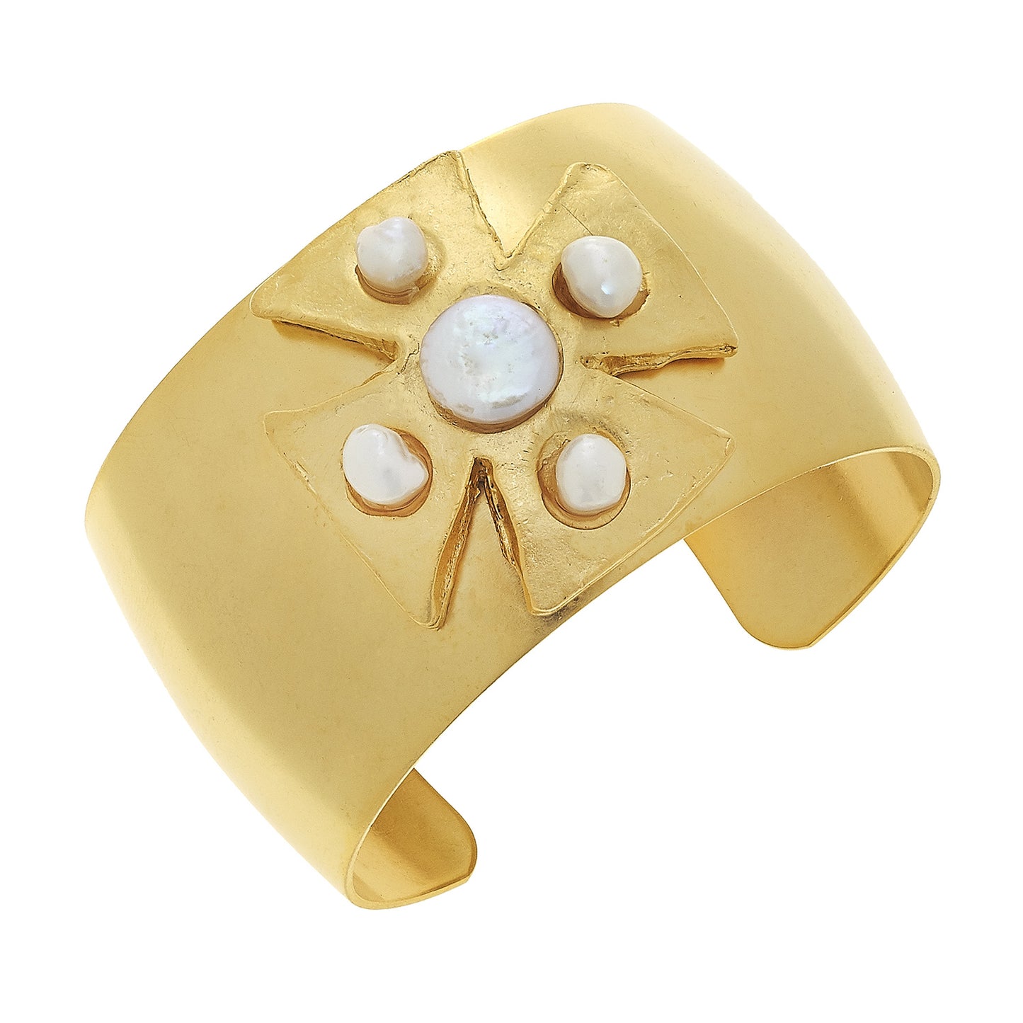 Handcast Gold Cross with Freshwater Pearl Cuff Bracelet 2130W