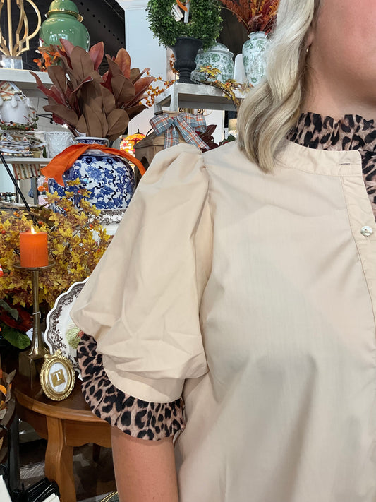 Cream Leopard Trim Puff Sleeve Blouse