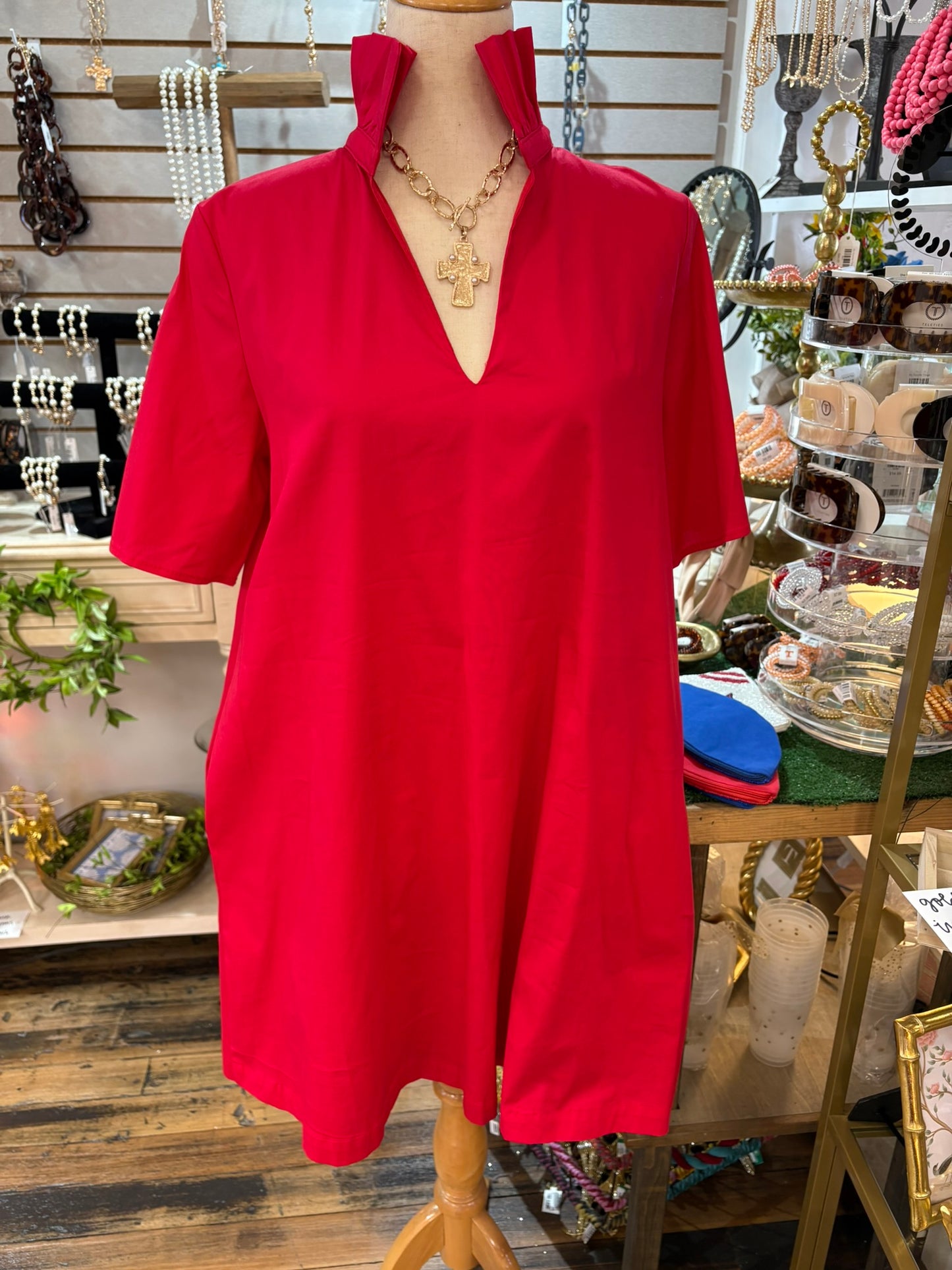 Red Ruffle Collar A Line Dress w/Pockets