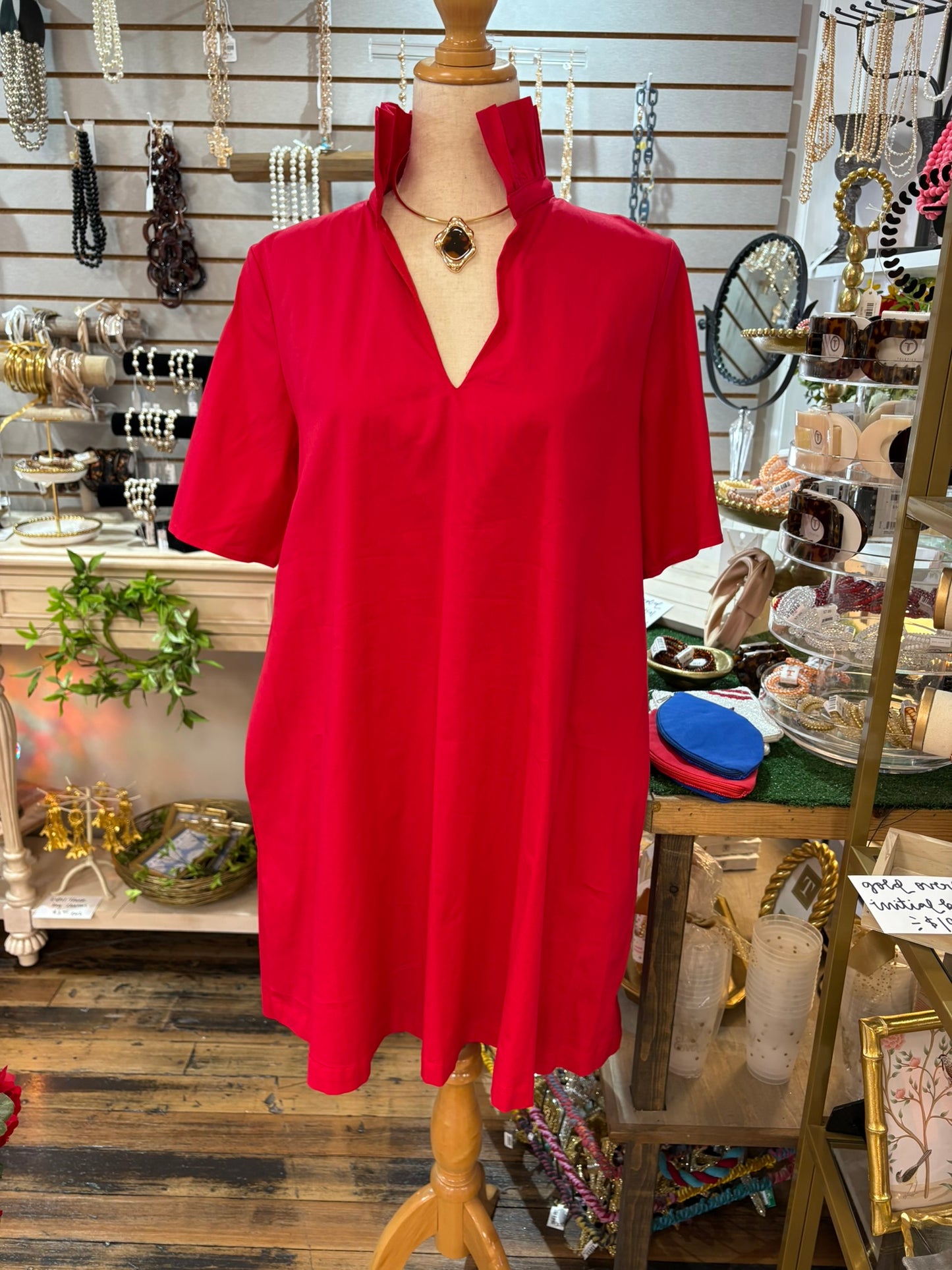 Red Ruffle Collar A Line Dress w/Pockets