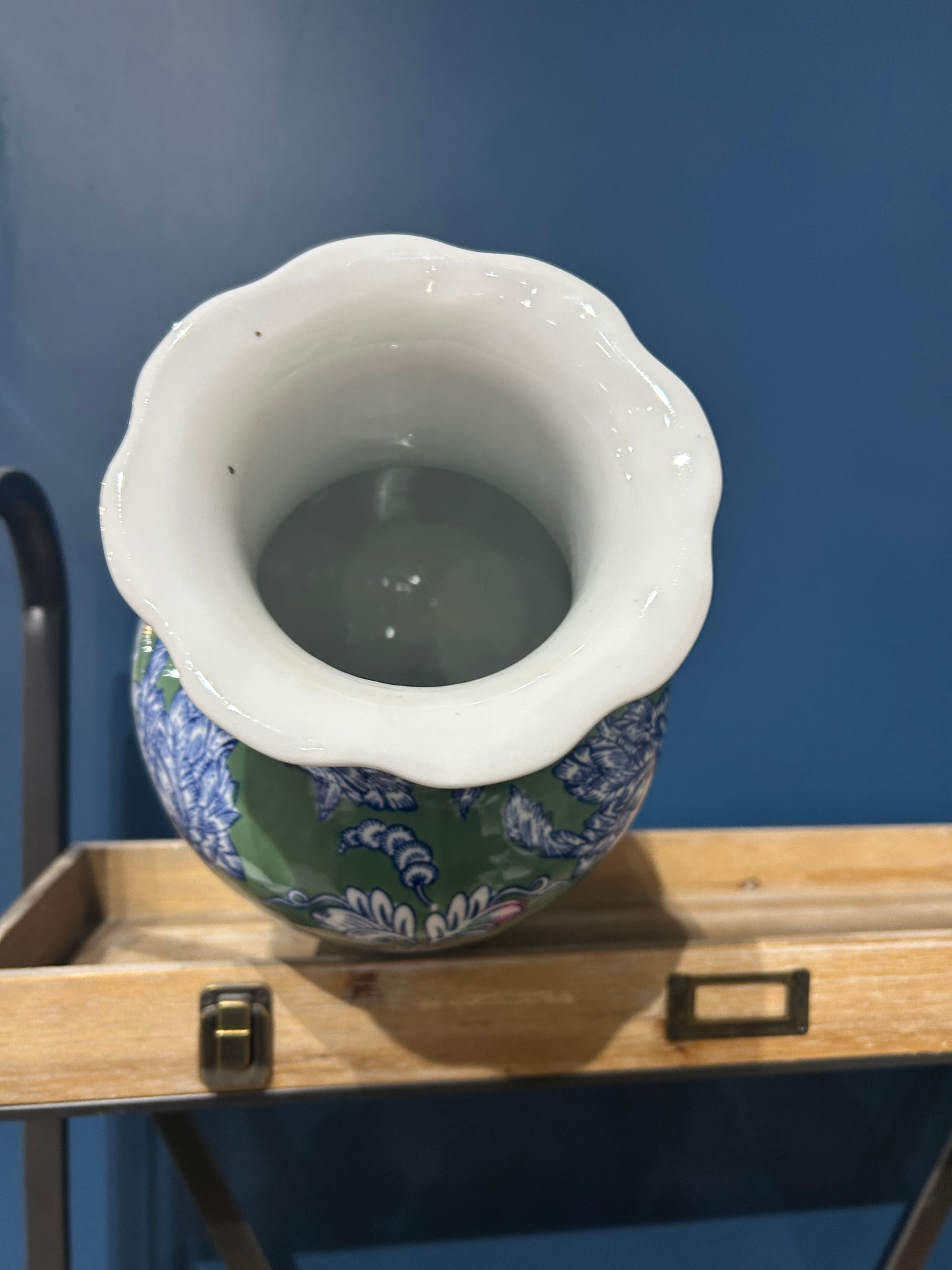 Blue Green & White Floral Ceramic Vase