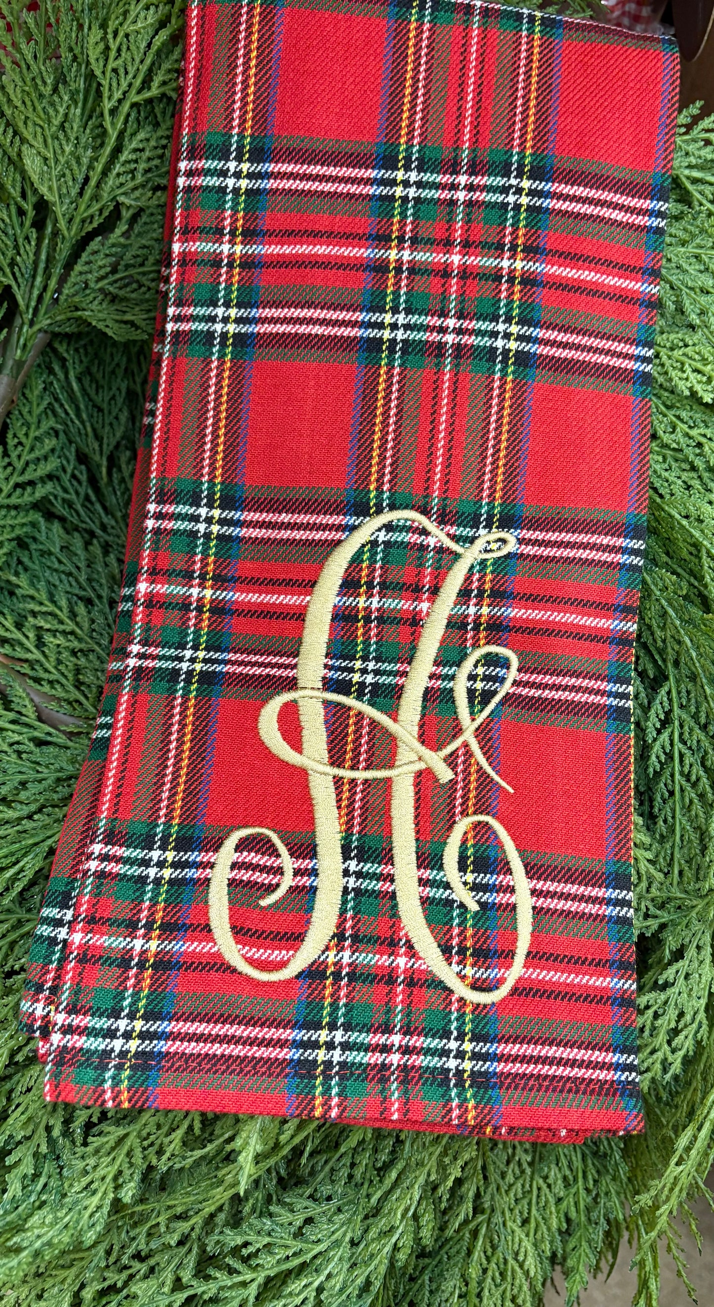 Monogrammed Red Tartan Plaid Towel
