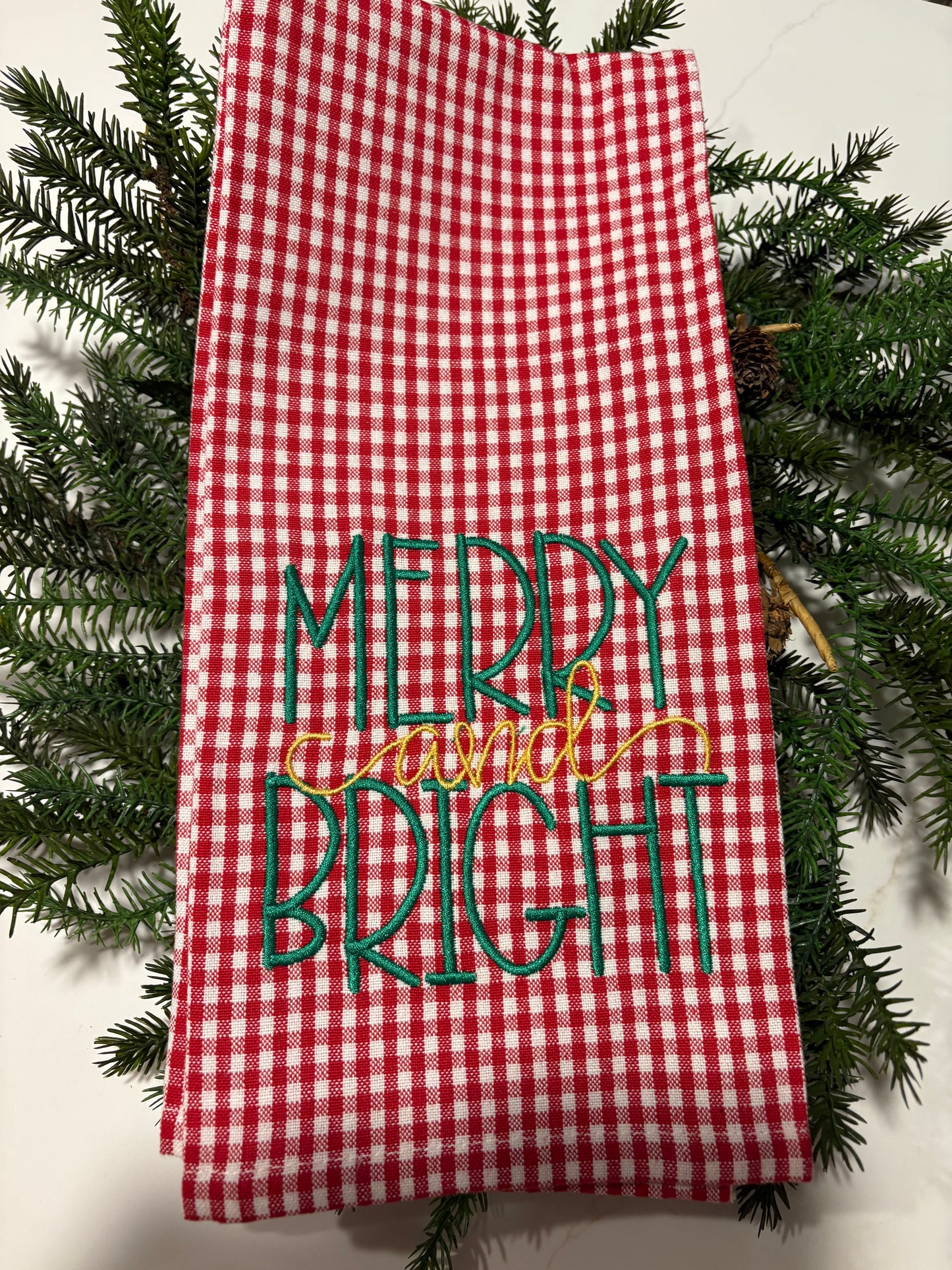 Red Gingham Merry and Bright Tea Towel