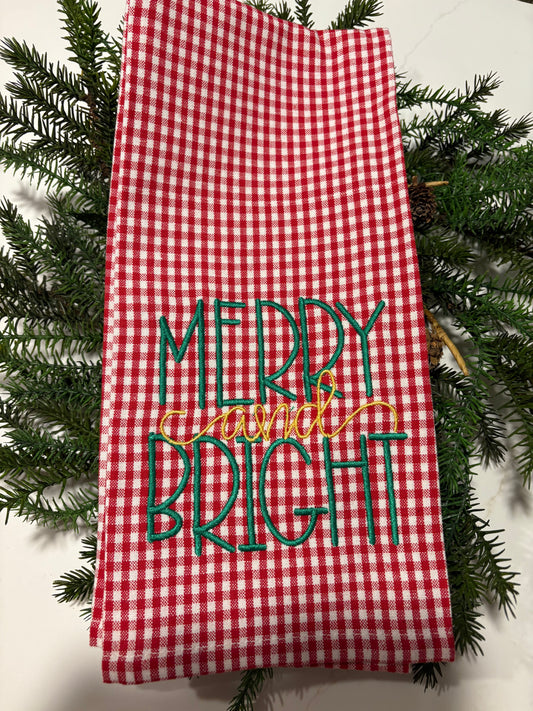Red Gingham Merry and Bright Tea Towel
