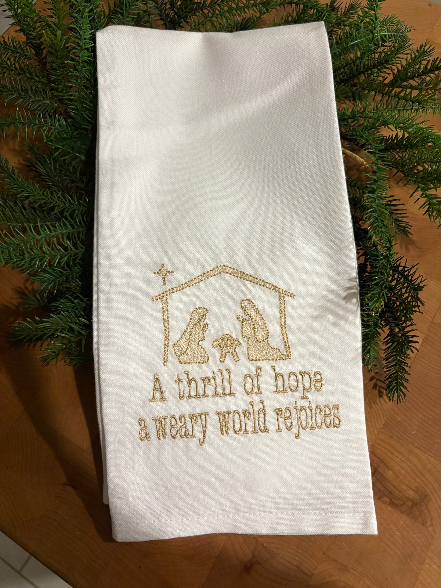 Tea Towel White Nativity ... A thrill of hope a weary world rejoices