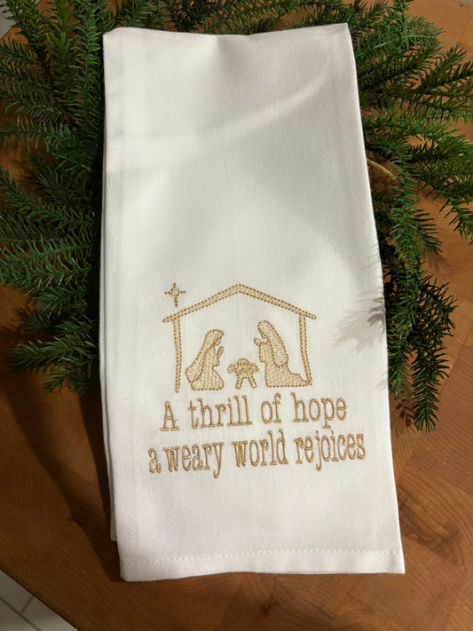 Tea Towel White Nativity ... A thrill of hope a weary world rejoices