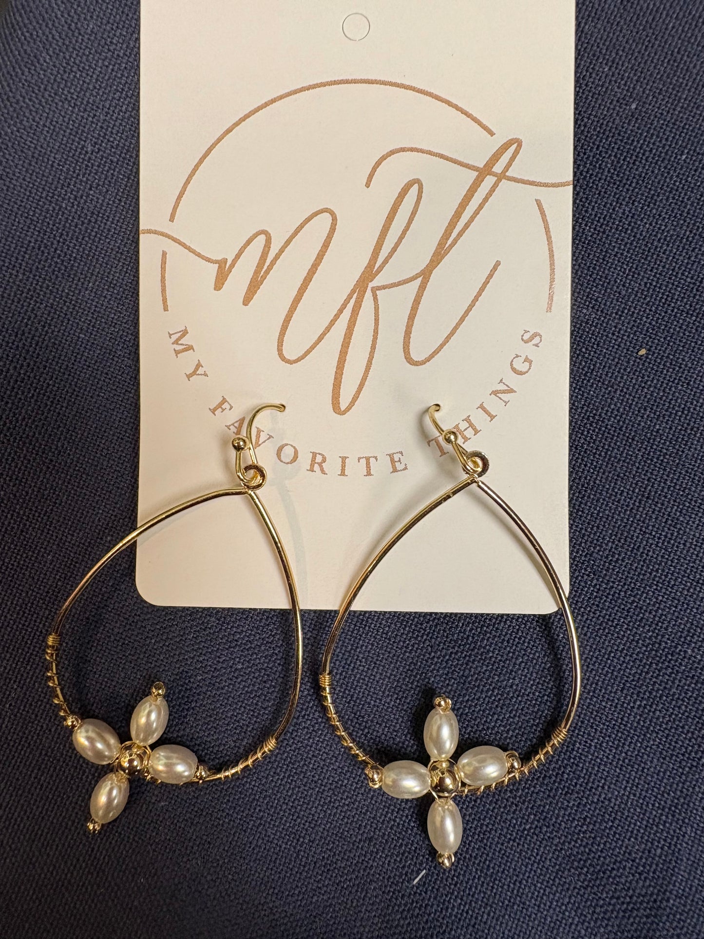 Gold Tear Drop with Pearl Cross Earrings