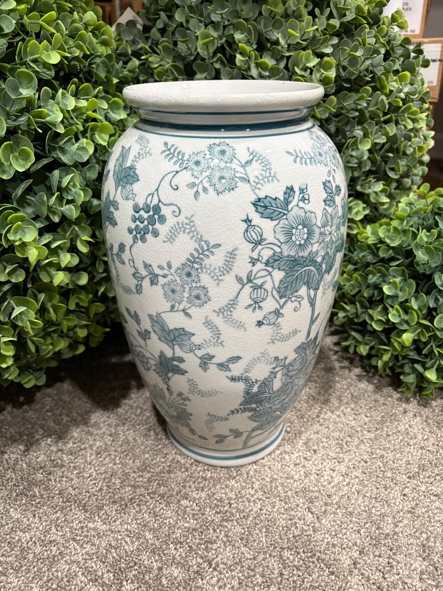 12 inch Teal & White Porcelain Chinoiserie Vase