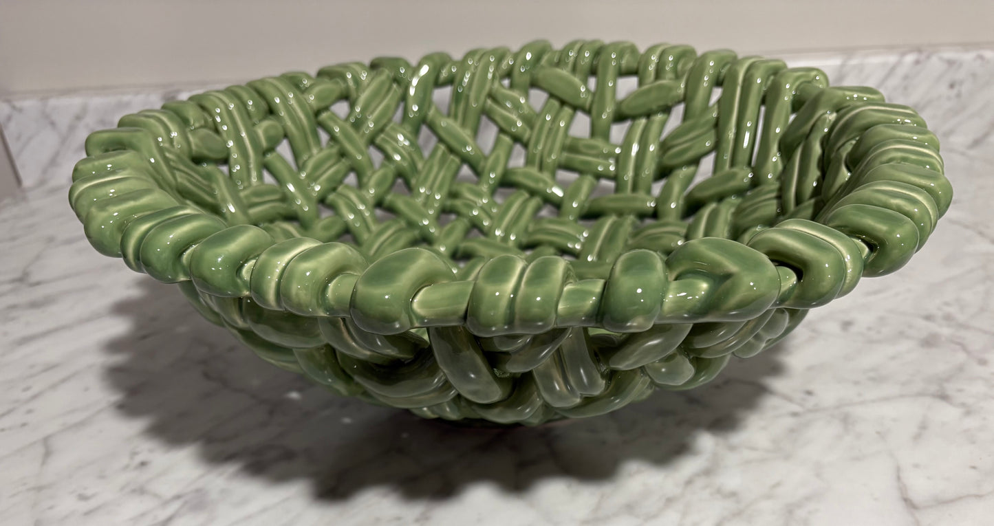 Green Fern Woven Stoneware Basket