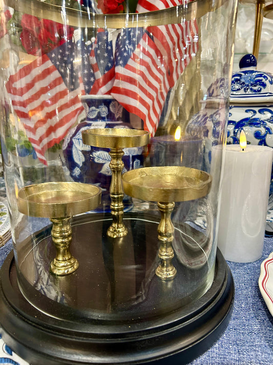 Black & Gold 3-piller Candle Holder with Glass Hurricane