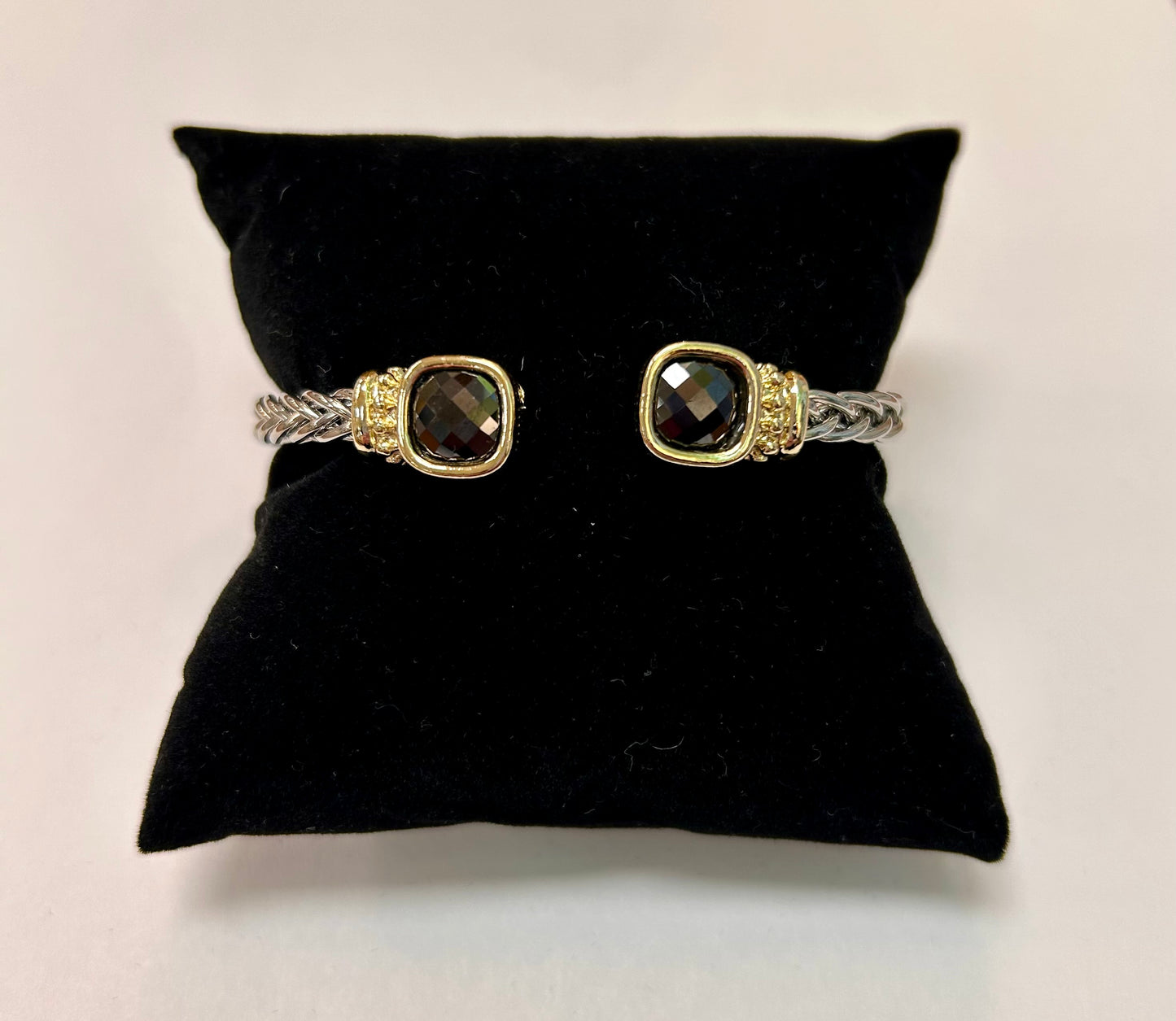 Two-tone Rhodium Braided Bracelet with Black Stones