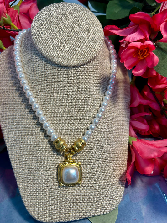 Gold Framed Pearl Drop Necklace