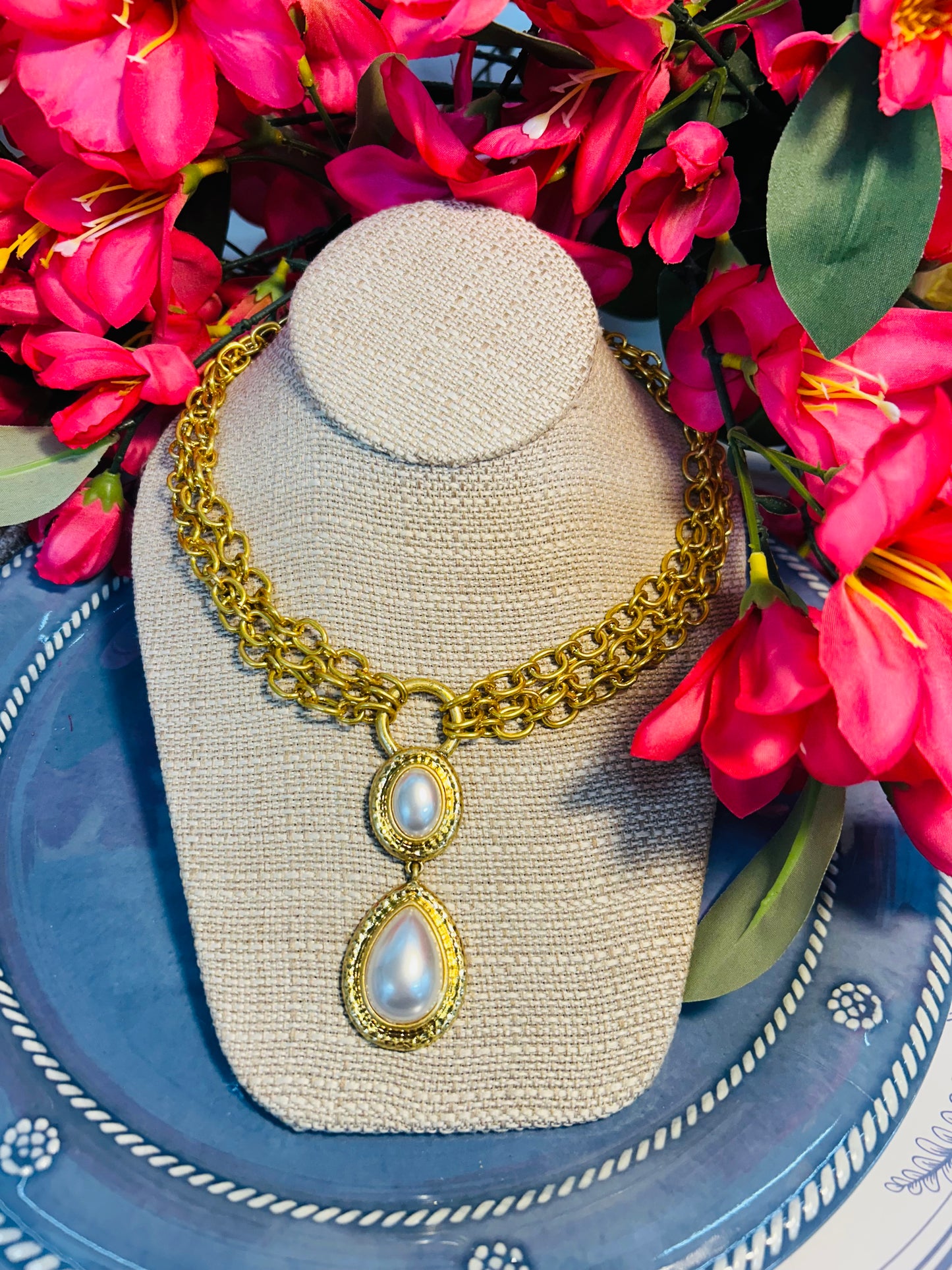 Double Drop Golden Pearl Necklace