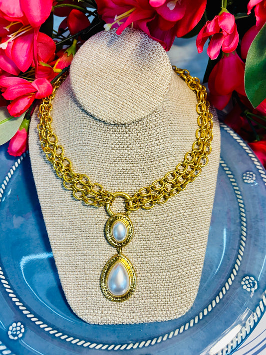 Double Drop Golden Pearl Necklace