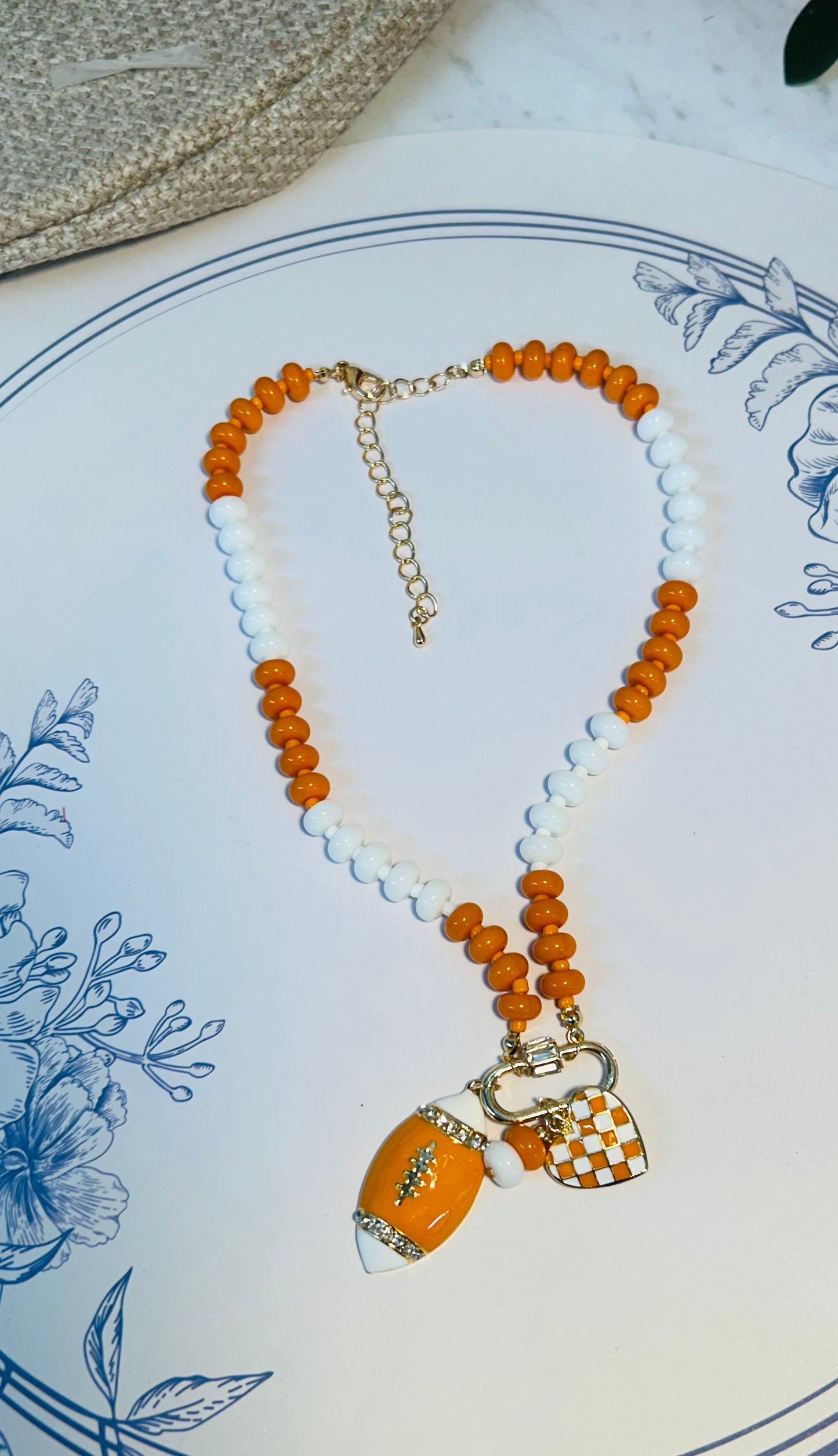 Orange and White Beaded TN Vols Charm Necklace