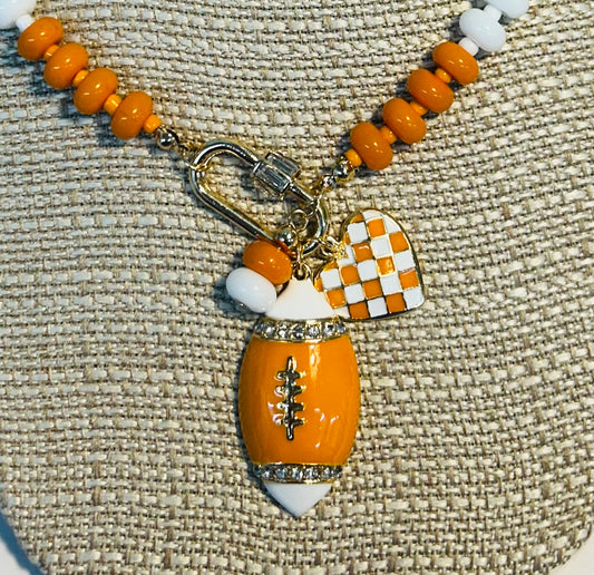 Orange and White Beaded TN Vols Charm Necklace