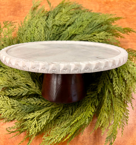 White Marble Cake Stand with Wooden Base