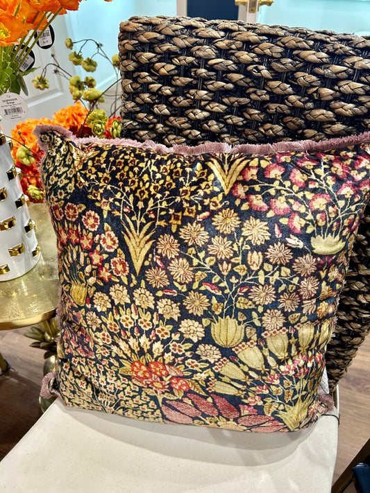 Cotton Velvet Printed Pillow w/ Botanical Pattern & Eyelash Fringe