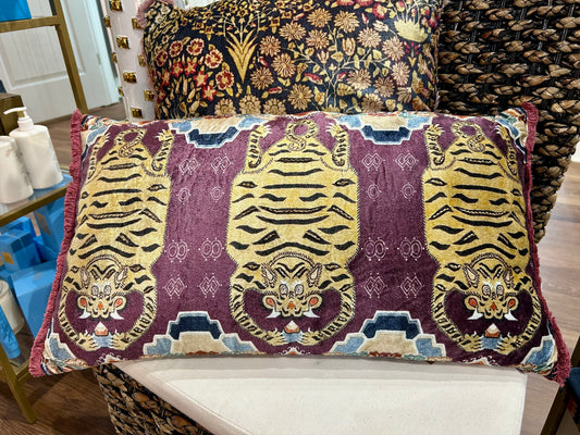 Cotton Velvet Printed Lumbar Pillow w/ Tibetan Tigers Pattern