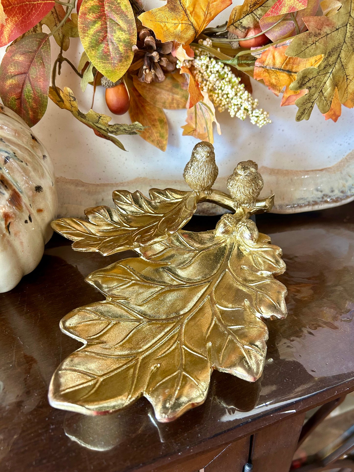 Gold Resin Leaf Tray w/Birds
