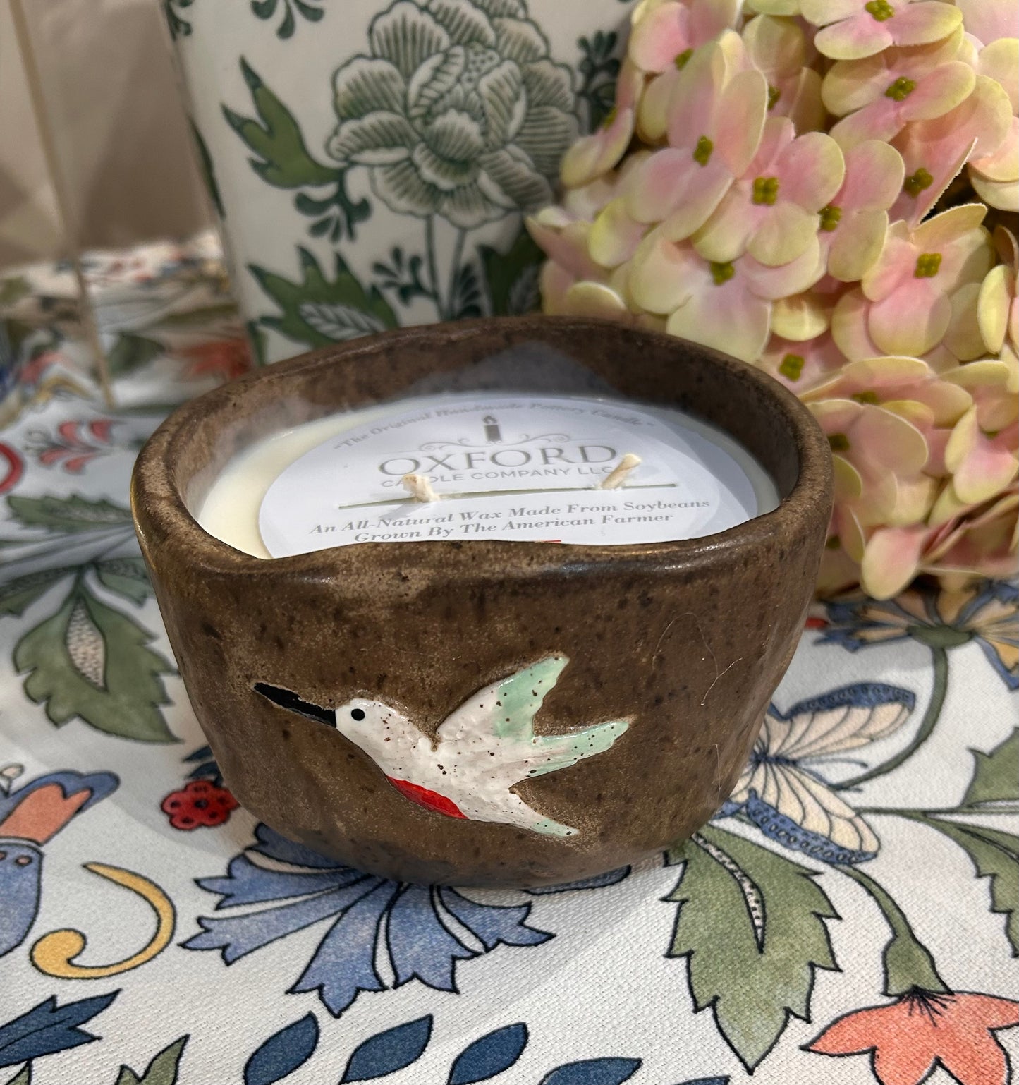 Large Hummingbird Handmade Pottery Candle- Brown