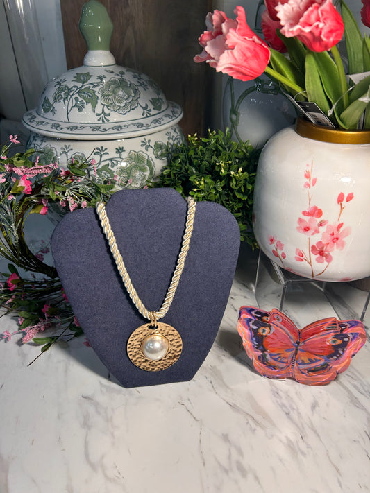 Ivory Cord Necklace with Gold and Pearl Pendant