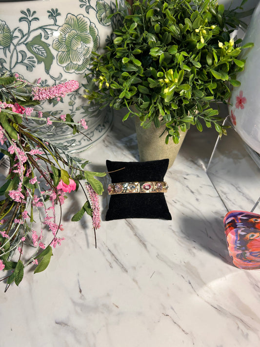 Gold & Pink Crystal Stretch Bangle Bracelet