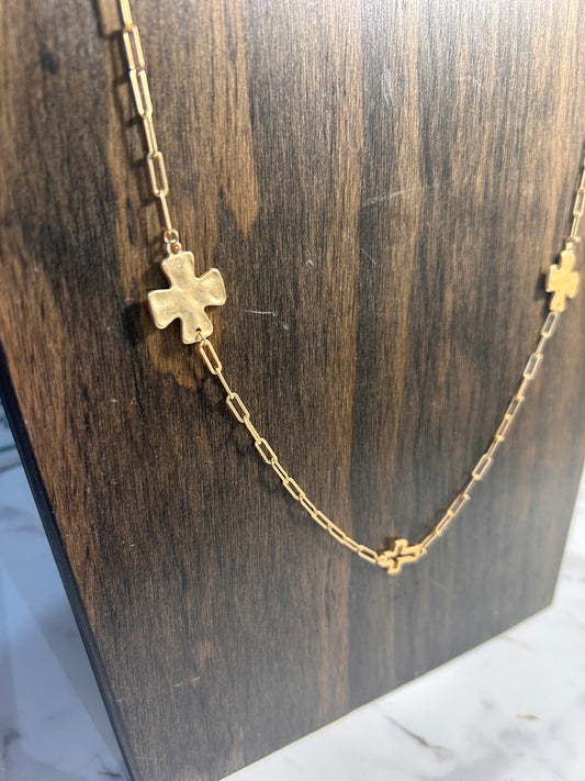 Gold Chain with Hammered Cross Necklace
