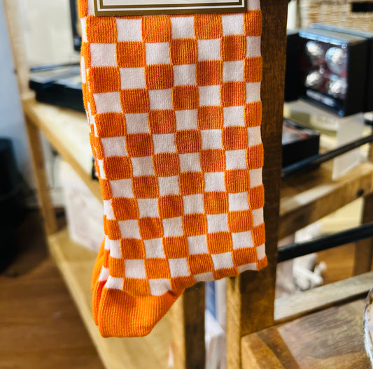 Orange and White Small Checkerboard Crew Socks
