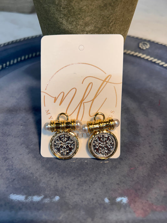 Silver Coin Stud Earring with Gold & Pearl Accents