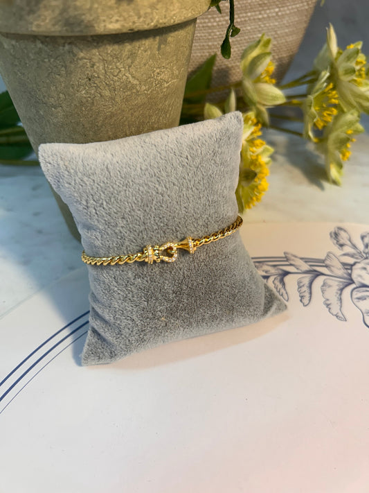 14K Gold Plated Rope Bangle with Rhinestone Hook Clasp