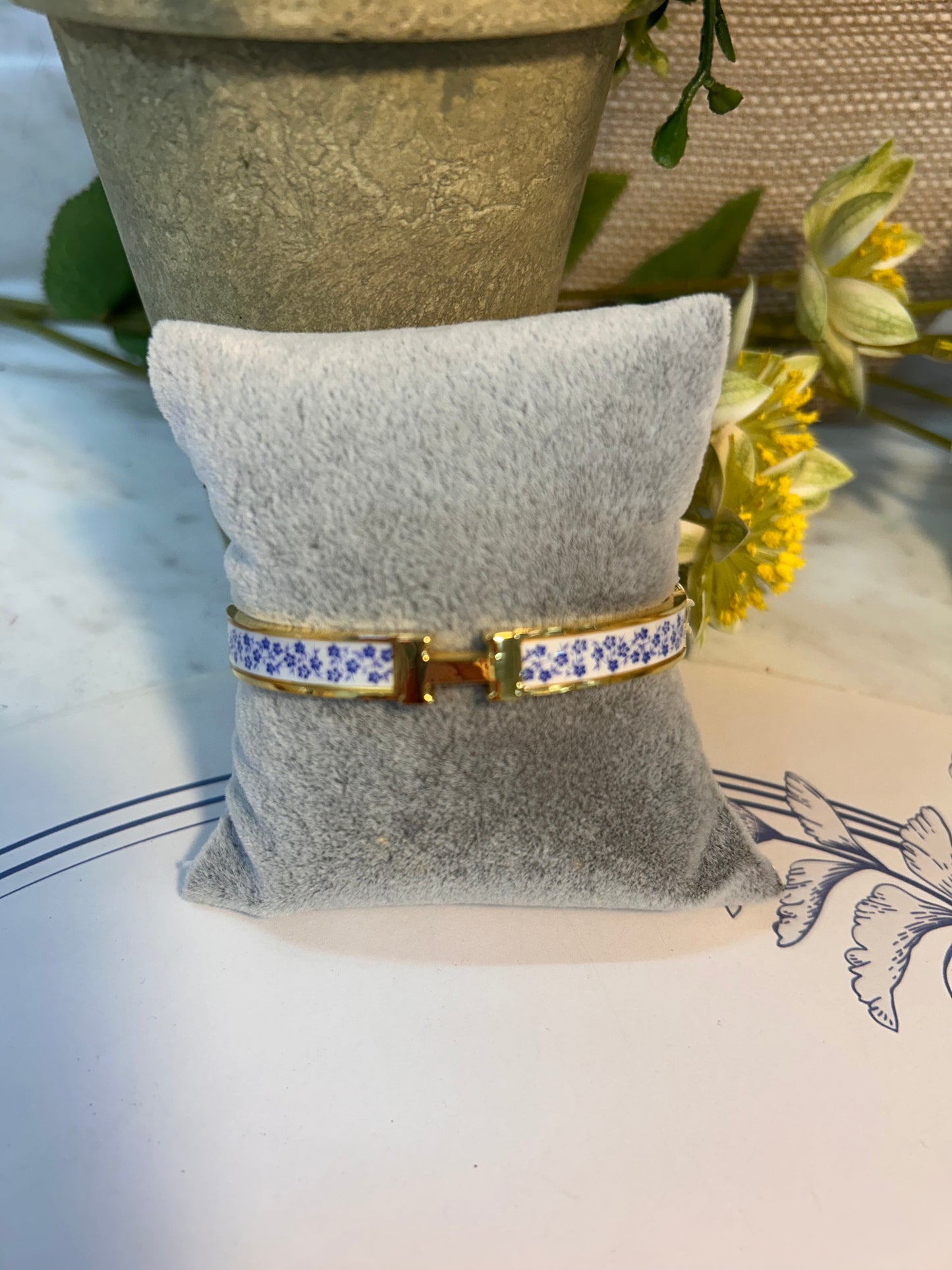 14K Gold Plated Blue Floral and Gold Bangle Bracelet
