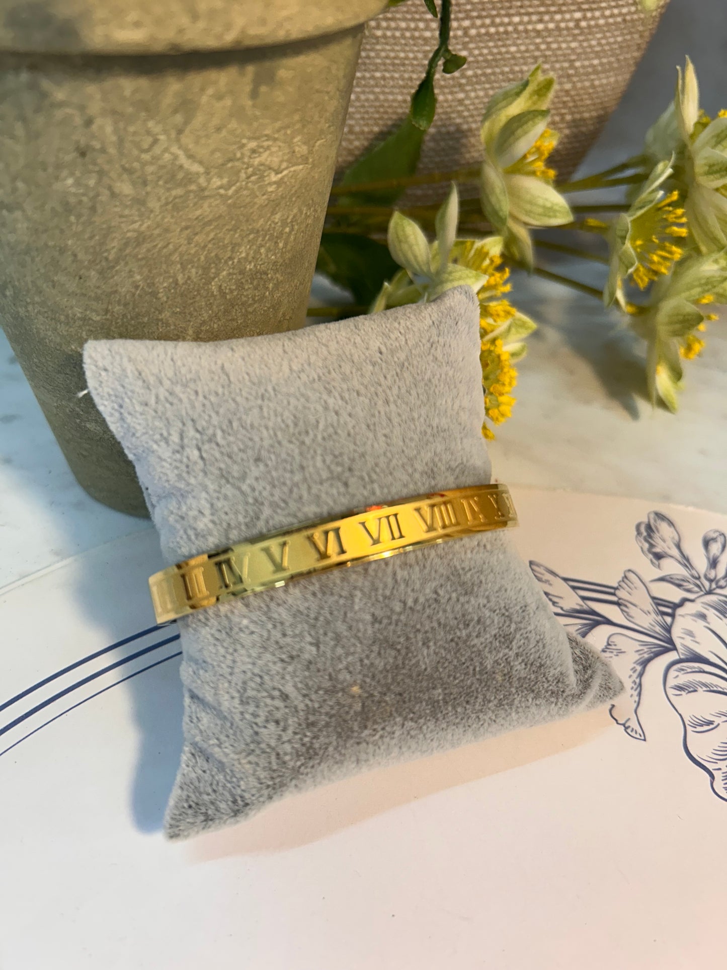 14K Gold Plated Roman Numeral Wide Bangle Bracelet