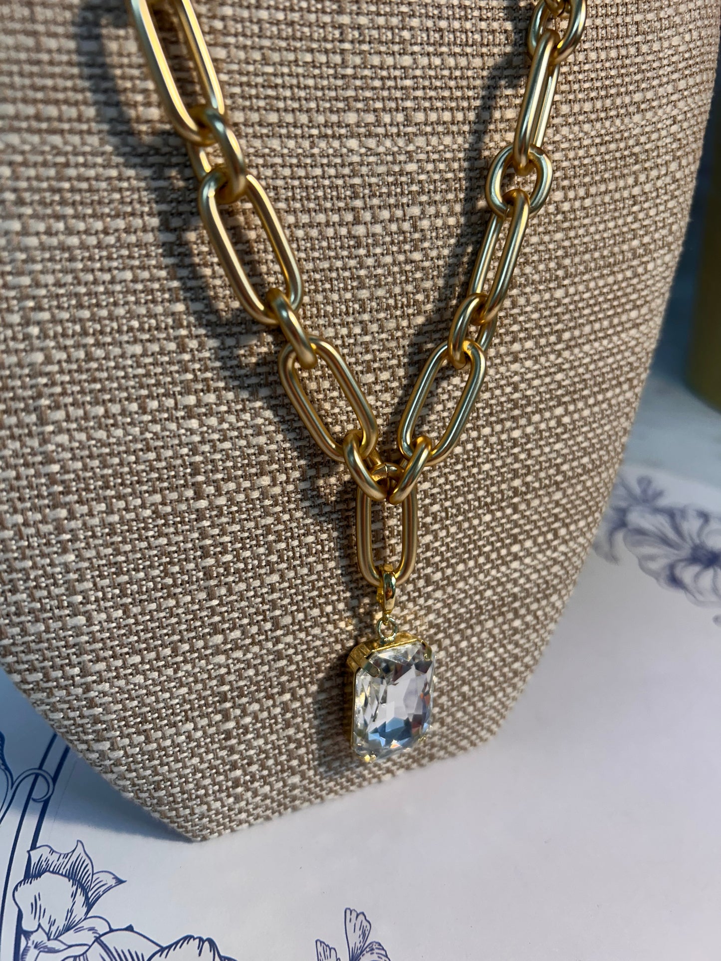 Matte Gold Necklace with Clear Crystal Pendant