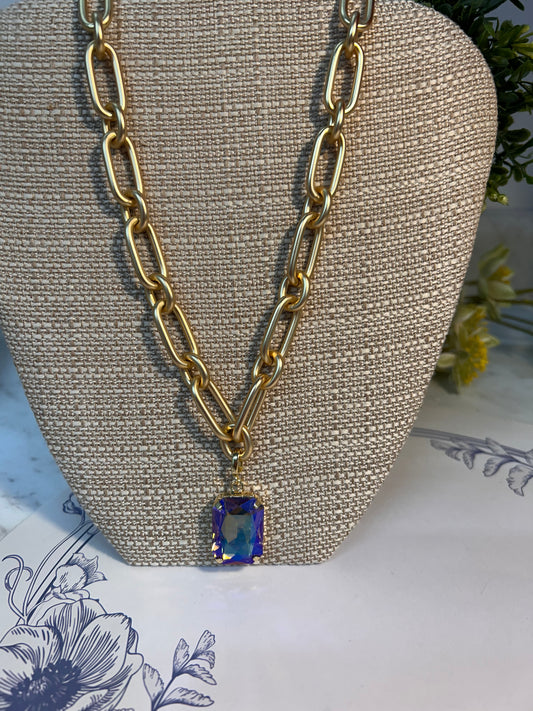 Matte Gold Necklace with Iridescent Crystal Pendant