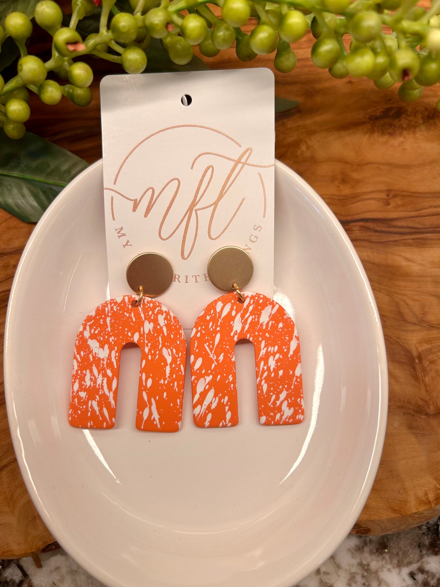 Orange & White Arch Shaped Drop Earrings