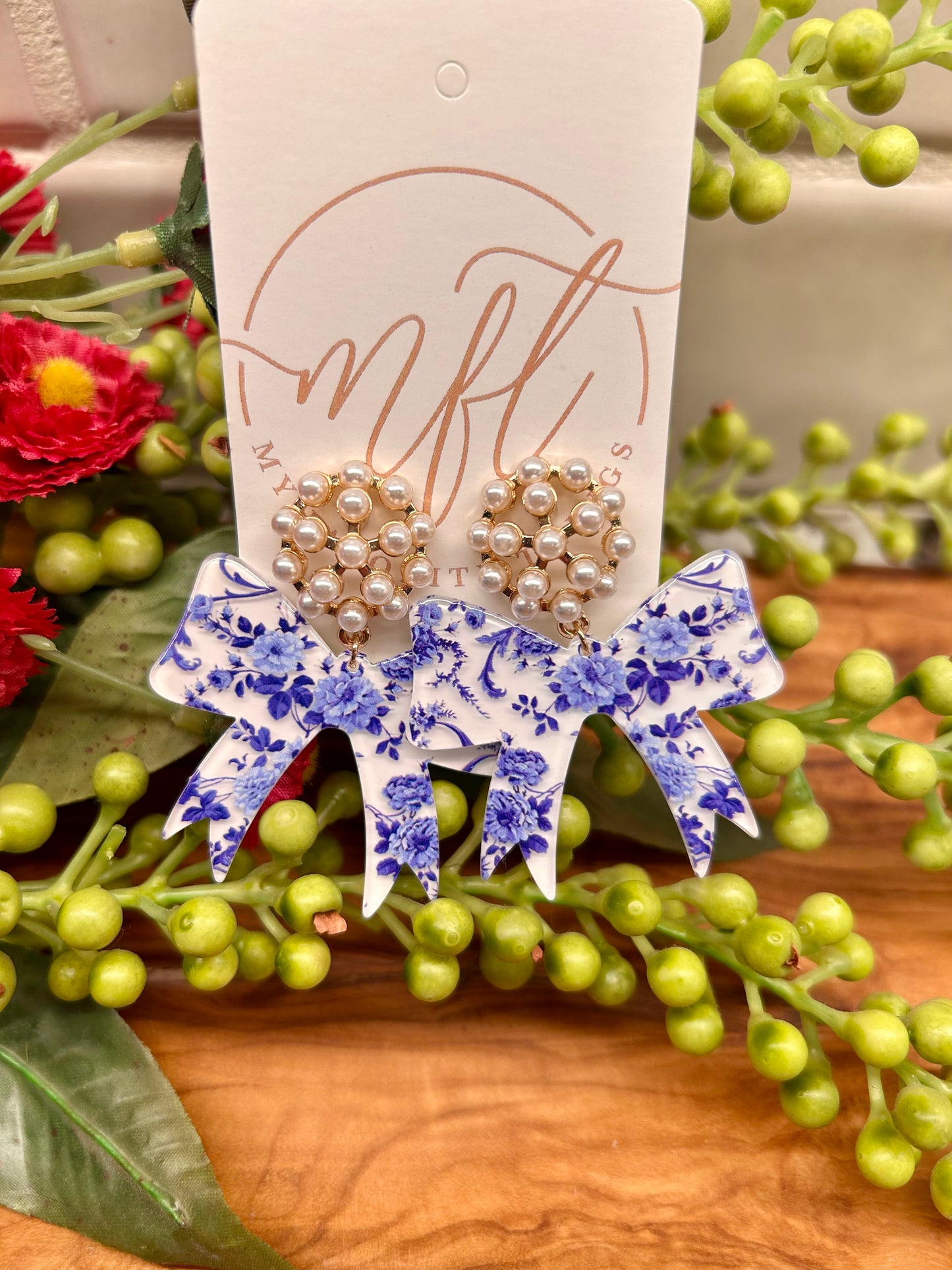Pearl with Blue & White Bow Dangle Earrings