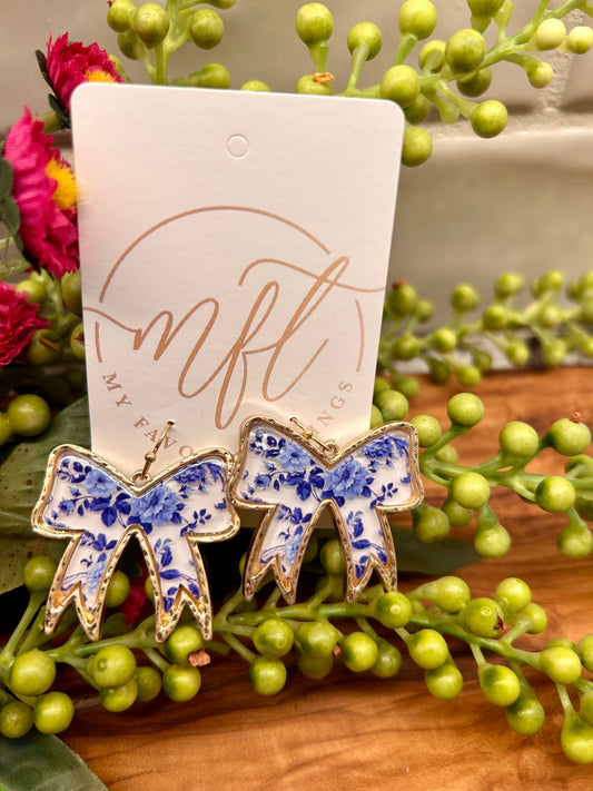 Blue & White Bow Dangle Earrings