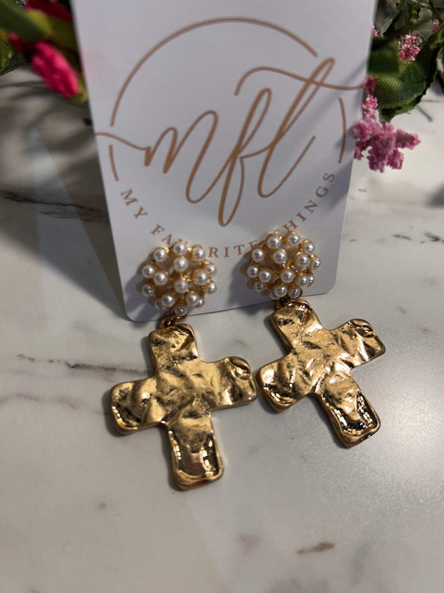 Gold Cross and Pearl Drop Earrings