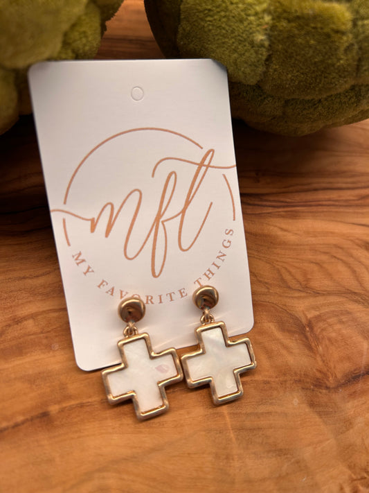 Gold & White Cross Drop Earrings