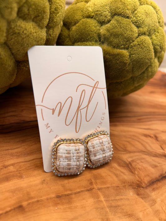 Tweed & Rhinestone Square Stud Earrings