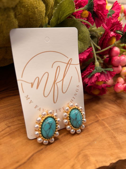 Turquoise and Pearl Stud Earrings